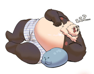 anthro belly boxers_(clothing) clothing fur lying male multicolored_body multicolored_fur nipples on_side overweight overweight_anthro overweight_male pillow sleeping solo sound_effects underwear vowelless vowelless_sound_effect zzz banhmithanki mihoyo zenless_zone_zero pan_yinhu bear giant_panda mammal marine pinniped seal hi_res