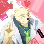 anthro blush cigarette clothing coat embarrassed eyebrows eyewear glasses holidays lab_coat male necktie overweight pink_background simple_background solo text thick_eyebrows topwear o3o_luri lifewonders tokyo_afterschool_summoners valentine's_day leib_(tas) bear mammal polar_bear ursine 1:1 absurd_res english_text hi_res