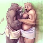 1:1 2013 anthro bear belly big_belly blush bodily_fluids bulge clothed clothing detailed_background duo erection erection_under_clothing erection_under_towel humanoid_hands kemono male male/male mammal moob_grab moobs nipples oaks16 overweight overweight_male suid suina sus_(pig) sweat towel wild_boar
