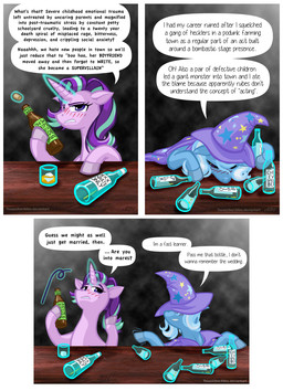 blush bottle container dialogue drunk female horn substance_intoxication text texasuberalles friendship_is_magic hasbro my_little_pony mythology starlight_glimmer_(mlp) trixie_(mlp) equid equine mammal mythological_creature mythological_equine unicorn 2017 comic english_text hi_res