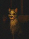 ambiguous_gender blood bodily_fluids creepy fangs feral fur grey_body grey_fur grin hand_print looking_at_viewer nightmare_fuel quadruped smile solo teeth yellow_eyes jcm2 creepypasta smile.dog canid canine mammal 3:4 hi_res