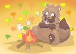 ambiguous_gender anthro brown_body brown_fur eyes_closed fire food fur kemono sitting slightly_chubby solo tinntira canid canine mammal raccoon_dog tanuki 2020 absurd_res hi_res