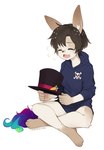 4_toes anthro bottomless brown_hair clothed clothing crossed_legs eyes_closed feet female hair holding_object hoodie hoodie_only open_mouth sitting skull_and_crossbones solo toes topwear topwear_only yoako cupcake_(yoako) lagomorph leporid mammal rabbit