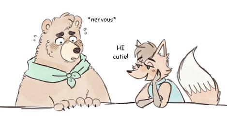 anthro blue_clothing blue_topwear blush brown_body brown_fur clothing dialogue duo flirting fur green_kerchief green_neckerchief kerchief looking_at_another male male/male neckerchief neckwear nervous simple_background text topwear white_background browniepistacho mating_season_(series) josh_(mating_season) unnamed_character bear brown_bear canid canine fox grizzly_bear mammal ursine 2026 digital_drawing_(artwork) digital_media_(artwork) english_text spanish_description