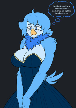 anthro beak big_breasts biped blue_body blue_bottomwear blue_clothing blue_eyes blue_feathers blue_fur blue_hair blush blush_lines bottomwear breasts chest_tuft claws cleavage clothed clothing covered_nipples dress embarrassed eyebrows eyelashes feather_hands feather_tuft feathered_tail feathered_wings feathers female fingers fur hair huge_breasts neck_tuft non-mammal_breasts pseudo_hair pupils simple_background solo tail tail_feathers text thinking thought_bubble topwear tuft wing_claws wings yellow_beak 4chan_anon anonymous_artist unknown_artist undertale undertale_(series) undertale_yellow martlet_(undertale_yellow) avian bird monster digital_media_(artwork) english_text hi_res