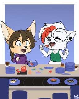 anthro big_glasses black_nose blue_eyes braided_hair breasts brown_hair cheek_tuft chest_tuft chibi chopsticks cleavage clothed clothing duo ear_piercing ear_ring eating eating_food eyes_closed eyewear facial_tuft fangs female food fur glass glasses hair highlights_(coloring) inner_ear_fluff midriff open_mouth piercing plate red_highlights ring_piercing round_glasses short_hair slightly_chubby surprised sushi tan_body tan_fur teeth tongue tuft white_body white_fur white_hair foxboy83 tootaloo vixen_logic arctica_(vixen_logic) zerda_(vixen_logic) arctic_fox canid canine fennec_fox fox mammal true_fox 4:5 colored digital_media_(artwork) flat_colors hi_res