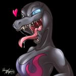 anthro black_background black_body black_skin blue_eyes bodily_fluids detailed_mouth dripping drooling eyelashes fangs female glowing glowing_eyes half-closed_eyes heart_symbol jagged_mouth lidded_eyes long_tongue mouth_shot narrowed_eyes open_mouth pink_body pink_skin pink_tongue pupils purple_body purple_skin saliva saliva_drip saliva_on_tongue saliva_string sharp_teeth simple_background slit_pupils solo teeth tongue tongue_out rena_ayama nintendo pokemon generation_7_pokemon pokemon_(species) reptile salazzle scalie 1:1 2016 hi_res signature