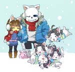 blush cat_headphones clothed clothing group hair simple_background snow topwear white_body winter yugaiga undertale undertale_(series) frisk_(undertale) sans_(undertale) temmie_(undertale) canid canine felid feline human mammal tem low_res