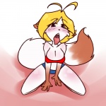 anthro big_breasts biped blonde_hair blue_eyes blush bottomwear breasts brown_body brown_fur cat_tail cleavage clothed clothing female fur hair kneeling open_mouth presenting_mouth shorts simple_background solo tongue tongue_out topwear tube_top white_body white_fur ihara las_lindas sarah_silkie domestic_cat felid feline felis mammal 1:1