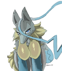 anthro big_breasts blue_body blue_fur breasts female front_view frown fur grey_body grey_fur hanging_breasts leaning leaning_forward looking_at_viewer nipple_outline pokemorph pupils simple_background solo tan_body tan_fur white_background white_pupils yellow_body yellow_fur itidesu_zoe nintendo pokemon pokemon_legends_z-a canid generation_9_pokemon mammal mega_evolution mega_lucario_z pokemon_(species) 2025 hi_res