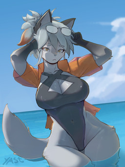 anthro big_breasts breasts clothed clothing collarbone eyebrows eyelashes eyewear eyewear_on_head female fur grey_body grey_fur grey_hair hair hip_tuft one-piece_swimsuit open_clothing open_shirt open_topwear partially_submerged seaside shirt solo sunglasses sunglasses_on_head swimwear thigh_gap topwear tuft wide_hips yellow_eyes yetanotherst canid canine canis mammal 2025 3:4 absurd_res hi_res