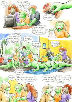10_legs 3_toes 4_fingers amputee barefoot big_hands blonde_hair bottomless bottomless_taur brown_hair carpet claws clothed clothing computer computer_keyboard computer_mouse day dialogue disability electronics eyes_closed family feet female fingers floor furgonomics furniture green_body grin group hair hand_on_table happy holding_object inside jumping list long_hair male missing_arm monitor_stand multi_leg multi_limb no_sclera open_mouth orange_eyes palm_tree paper pattern_clothing pattern_shirt pattern_topwear picture_frame plant plant_pot playing potted_plant shirt sitting sky smile speech_bubble standing table tail tapering_tail text thinking thoughtful_expression toes topwear tree typing window wired_keyboard wired_mouse wood wood_floor young cervelet abby_(growing_troubles) james_(growing_troubles) liz_(growing_troubles) maria_(growing_troubles) simon_(growing_troubles) triplets_(growing_troubles) lizard lizard_taur long_taur reptile reptile_taur scalie scalie_taur taur 2018 absurd_res comic english_text handwritten_text hi_res multiple_scenes painting_(artwork) shaded traditional_media_(artwork) traditional_painting_(artwork) traditional_watercolor_(artwork) watercolor_(artwork) daughter_(lore) father_(lore) father_and_child_(lore) father_and_daughter_(lore) mother_(lore) mother_and_child_(lore) mother_and_daughter_(lore) parent_(lore) parent_and_child_(lore) parent_and_daughter_(lore) sibling_(lore) sister_(lore) sisters_(lore)