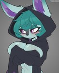 anthro biped blush breasts cleavage clothed clothing cooliehigh female fur green_body green_fur hi_res hood league_of_legends purple_eyes riot_games simple_background solo tencent vex_(lol) yordle