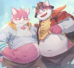 anthro belly big_belly blush bottomwear clothing cute_fangs duo fangs fur humanoid_hands kemono male navel overweight overweight_anthro overweight_male pants pink_body pink_fur pink_nose shirt teeth topwear white_body white_fur seamonsterping tamacolle bungo_(tamacolle) domestic_cat felid feline felis mammal 2023 absurd_res hi_res