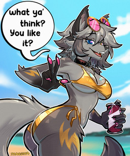 5_fingers anthro beach bikini bikini_bottom bikini_top biped blue_eyes breasts butt claws clothed clothed_anthro clothed_female clothing cloud collar countershade_fur countershade_torso countershading day dialogue ear_piercing eyewear eyewear_on_head female finger_claws fingerpads fingers fur glasses gold_bikini grey_body grey_fur grey_hair grey_inner_ear_fluff grey_tail hair handpaw heterochromia holding_object inner_ear_fluff looking_at_viewer looking_back looking_back_at_viewer open_mouth open_smile outside pawpads paws piercing rear_view sand sea sky smile solo speech_bubble standing swimwear tail text tuft two-piece_swimsuit water praquina epic_games fortnite golden_week wolfie_(fortnite) canid canine canis mammal wolf 2026 digital_drawing_(artwork) digital_media_(artwork) english_text hi_res