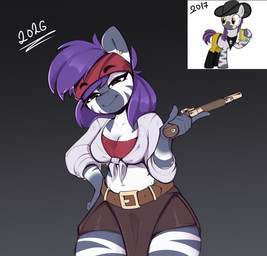 anthro belt big_breasts bottomwear bra breasts brown_belt brown_bottomwear brown_clothing brown_pants clothed clothing female gun hair half-closed_eyes headgear headwear kerchief looking_at_viewer mane midriff narrowed_eyes pants purple_hair purple_mane ranged_weapon red_bandana shirt smile solo standing stripes tied_shirt topwear underwear weapon white_clothing white_shirt white_topwear felixf hasbro my_little_pony equid equine mammal zebra absurd_res hi_res portrait