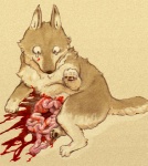 ambiguous_gender blood bodily_fluids brown_background disembowelment feral gore guts intestines organs pain run_over simple_background solo tail tears kunugi canid canine canis domestic_dog mammal