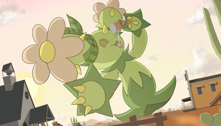 ambiguous_gender bandanna_on_head bell building cactus church day desert drinking green_body happy holding_object holding_structure holding_water_tower looking_at_viewer macro one_eye_closed open_mouth open_smile outside plant smile solo water water_tower western wild_west wink yellow_eyes anime123654 nintendo pokemon fan_character macaras_(boolerex) generation_5_pokemon maractus pokemon_(species) 2025 digital_drawing_(artwork) digital_media_(artwork) english_description hi_res female_(lore)