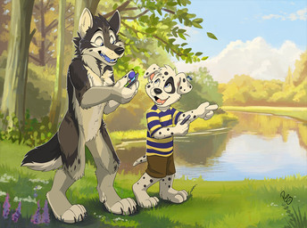anthro black_body black_fur black_nose blue_eyes blue_sky blue_tongue cellphone clothed clothing cloud duo electronics eye_contact featureless_crotch fur glistening glistening_eyes grass grey_body grey_fur happy head_tuft holding_cellphone holding_object holding_phone holding_smartphone logo looking_at_another male markings nude open_mouth open_smile phone pink_tongue plant sky smartphone smile spots spotted_arms spotted_ears spotted_legs spotted_markings spotted_tail tail tail_markings tongue tuft water white_body white_fur young young_anthro young_male pandapaco canid canine canis dalmatian domestic_dog mammal wolf artist_logo signature