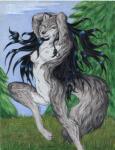 anthro black_eyes black_hair braided_hair breasts canid canine canis cloud digitigrade female grass hair hands_behind_head long_hair looking_at_viewer mammal nipples nude orange_sclera outside plant pose raised_arm sandra_bong sky smile solo tree wolf