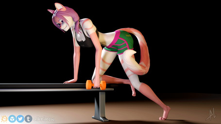 anthro athletic athletic_anthro athletic_female exercise female fur gym hair pink_body pink_fur pink_hair short solo alkhimow domestic_cat felid feline felis mammal 16:9 3d_(artwork) 3d_animation animated animated_gif digital_media_(artwork) short_playtime widescreen