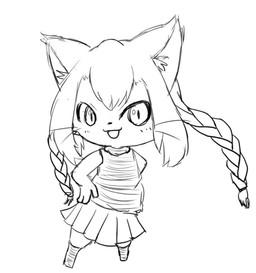 anthro bottomwear braided_hair clothed clothing female fully_clothed hair hand_on_hip long_hair looking_at_viewer open_mouth pigtails pupils simple_background skirt slit_pupils solo twin_braids whiskers white_background bunnag cat_busters neko_hakase domestic_cat felid feline felis mammal digital_media_(artwork) monochrome sketch