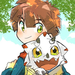 anthro backpack brown_hair clothing duo facial_horn green_eyes hair hoodie horn male nose_horn topwear white_body yellow_eyes radiospeed14 bandai_namco digimon digimon_ghost_game hiro_amanokawa ceratopsian digimon_(species) dinosaur gammamon human mammal ornithischian prehistoric_species reptile scalie 1:1 low_res