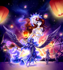 accessory amusement_ride anthro clothed clothing cosmic_background duo ear_piercing ear_ring faceless_character female female/female ferris_wheel festival furgonomics hair halo holidays horn horn_accessory horn_jewelry jewelry lamp lantern markings moon necklace paper_lantern piercing princess red_hair ring_piercing royalty shark_tail sky snip_(marking) star starry_background starry_hair starry_sky tile minamikoboyasy chinese_new_year friendship_is_magic hasbro lunar_new_year my_little_pony fan_character princess_luna_(mlp) selune_darkeye animal_humanoid aquatic aquatic_humanoid deity fish fish_humanoid humanoid shark_humanoid succubus absurd_res hi_res