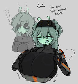 antennae_(anatomy) armor big_breasts bodily_fluids bodysuit bouncing_breasts breasts clothing d: dark_sclera duo exclamation_point female green_body green_hair green_skin hair huge_breasts long_hair male nervous short_hair simple_background skinsuit stare staring_at_chest sweat tight_clothing white_eyes probablyavv alien alien_humanoid humanoid 2024 sketch