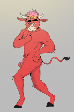 4_fingers anthro armpit_hair big_penis body_hair butt fingers fur genitals glans grey_background hair hooves horn humanoid_genitalia humanoid_penis male mascot multicolored_hair muscular muscular_anthro muscular_male nude nude_anthro nude_male penis pink_glans pubes red_body red_fur simple_background solo chicago_bulls nba benny_bull bovid bovine cattle humanoid mammal hi_res