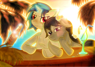 alcohol bar beer bendy_straw beverage black_hair blue_hair bottle container cutie_mark drinking_straw duo eyewear female feral flower fur glass grey_body grey_fur hair horn lens_flare looking_at_viewer magic male multicolored_hair palm_tree plant purple_eyes red_eyes romantic romantic_ambiance romantic_couple sea short_hair smile sun sunglasses sunset text tree two_tone_hair water white_body white_fur wood toonlancer friendship_is_magic hasbro my_little_pony mythology octavia_(mlp) vinyl_scratch_(mlp) earth_pony equid equine horse mammal mythological_creature mythological_equine pony unicorn 2012 absurd_res english_text hi_res