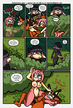 anthro areola big_breasts bite biting_leg blue_eyes breast_pinch breasts brown_areola brown_body brown_eyes brown_fur brown_pubes butt catfight dialogue feet female fight forest fur genitals green_eyes group hair male nipples nude nude_anthro nude_female nude_male orange_body orange_fur pinch pink_areola pink_body pink_fur pink_hair pink_nipples pink_quills plant pubes purple_body purple_fur quills_(anatomy) shrub soles speech_bubble tan_arms tan_breasts tan_hands tan_mouth text tree trio vulva himitsu sqootshy sega sonic_boom sonic_the_hedgehog_(series) amy_rose sticks_the_jungle_badger american_opossum badger eulipotyphlan hedgehog mammal marsupial mustelid musteline virginia_opossum 2026 absurd_res comic english_text hi_res multiple_scenes url
