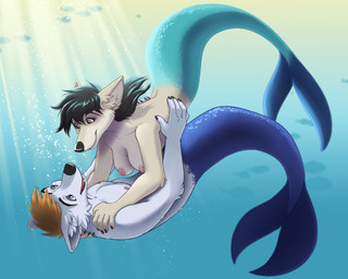 anthro black_hair blue_body blue_eyes blue_scales blue_tail breasts brown_eyes brown_hair bubble duo female fur grey_body grey_fur hair hand_on_shoulder hug light light_beam long_hair male male/female mermaid_tail nipples nude nude_anthro nude_female nude_male scales short_hair smile split_form sunbeam sunlight swimming tail underwater water white_body white_fur elke_(artist) gamer101_123_(fursona) sandy_(jetphox) ambient_fish ambient_sealife aquatic arctic_wolf canid canine canis mammal merfolk wolf 2026 hi_res
