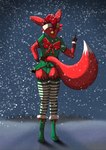 anthro bell bow_(feature) clothing female fluffy fluffy_tail fur gesture hand_gesture holidays legwear middle_finger mistletoe panties plant sassy snow solo stockings stripes tail underwear deedoss christmas vicky_(deedoss) canid canine fox mammal absurd_res hi_res