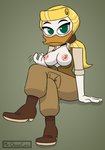 anthro beak blonde_hair blush boots breasts clothing exposed_breasts female footwear green_eyes hair nipples non-mammal_breasts non-mammal_nipples ponytail shoes sitting solo mrchasecomix disney ducktales ducktales_(2017) goldie_o'gilt anatid anseriform avian bird duck 2021 hi_res