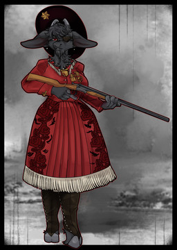 anthro black_body black_fur black_hair button_(fastener) cheek_tuft clothed clothed_anthro clothed_female clothing cowboy_hat detailed_background double_barrel_shotgun dress ear_piercing eye_patch eyewear facial_hair facial_tuft female fingers floral_pattern fur goatee gun hair hat headgear headwear holding_gun holding_object holding_ranged_weapon holding_weapon hooved_fingers hooves horn legwear looking_at_viewer neck_tuft outline piercing ranged_weapon red_eyes shotgun solo tassels tuft weapon blushyminou143 bathory_black_(therealnarrowjungle) absurd_res hi_res