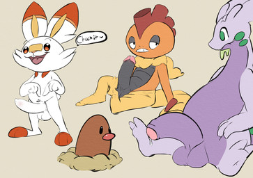 anthro balls bodily_fluids bottomwear bottomwear_down buckteeth clothed clothing duo erection foreskin genital_fluids genitals gesture half-erect hand_gesture humanoid_genitalia humanoid_penis leaking_precum male male/male open_mouth pants pants_down partially_clothed penis pointing pointing_at_penis precum presenting presenting_penis pubes retracted_foreskin sitting slightly_chubby standing teeth unretracted_foreskin twerpishimp nintendo pokemon diglett gastropod generation_1_pokemon generation_5_pokemon generation_6_pokemon generation_8_pokemon goodra lagomorph leporid mammal mollusk pokemon_(species) rabbit scorbunny scrafty slug absurd_res hi_res