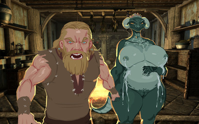 anthro big_breasts bodily_fluids breasts duo female hand_holding interspecies interspecies_pregnancy lactating looking_at_viewer male male/female pregnant tail thick_thighs wide_hips smolevn bethesda_game_studios microsoft skyrim the_elder_scrolls argonian human humanoid mammal scalie hi_res