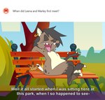 anthro bench brown_body brown_fur duo female fur male male/female outside simple_background sitting sitting_on_another text potateymatey leena_(potateymatey) marley_(potateymatey) herpestid hyena mammal meerkat spotted_hyena 2023 english_text hi_res
