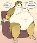 anthro belly big_belly brown_body brown_fur chair dialogue floppy_ears fur furniture green_eyes green_hair hair holding_chair huge_belly huge_moobs male moobs morbidly_obese morbidly_obese_male neck_tuft obese obese_male on_chair overweight overweight_male short_hair simple_background sitting sitting_on_chair solo tail tan_body tan_fur tuft white_body white_fur aucherr canid canine canis domestic_dog mammal 2023 absurd_res hi_res