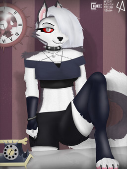 anthro black_bottomwear black_clothing black_shorts black_top bottomwear clock clothing collar female fur gloves hair handwear latex latex_clothing latex_gloves latex_handwear latex_legwear leather leather_collar legwear piercing red_sclera shorts solo wall_clock white_body white_fur white_hair anfektor hellaverse helluva_boss mythology loona_(helluva_boss) canid canid_demon canine demon hellhound mammal mythological_canine mythological_creature 2026 3:4 absurd_res hi_res shaded