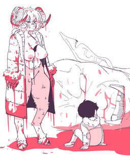 age_difference anthro areola blood blood_on_clothing blood_on_hand blood_puddle bodily_fluids bottomless breasts clothed clothing duo female genitals inverted_nipples jacket jacket_only male male/female nipples size_difference topwear topwear_only vulva gpdmdmd bovid caprine human humanoid mammal monster orc hi_res