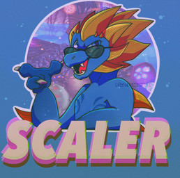 3_fingers anthro biped blue_body blue_eyes blue_scales claws eyewear fingerguns fingers grainy_background horn male male_anthro markings open_mouth resting_arm scale_markings scales smile smirk solo spines sunglasses sunglasses_on_face teeth text title wearing_sunglasses yellow_body yellow_horn yellow_scales pilotpigeons scaler scaler_(character) chameleon lizard reptile scalie 2021 artist_name character_name dated digital_media_(artwork)