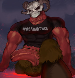 2_horns abs balls biceps big_muscles biped black_clothing black_hooves black_shirt black_t-shirt black_topwear bone bottomless bottomless_humanoid bottomless_male brown_balls brown_body brown_fur clothed clothing erection foreskin front_view fur genitals glans grey_horn hooves horn humanoid_genitalia humanoid_penis male male_humanoid multicolored_body muscular muscular_humanoid muscular_male not_furry partially_retracted_foreskin pecs penis red_body red_glans red_penis red_skin shirt skull skull_head solo split_form step_pose summoning_circle t-shirt teeth text text_on_clothing text_on_shirt text_on_topwear topwear two_tone_body urethra vein veiny_penis white_text kogito pony.mov wolfmother wolflor demon demon_humanoid humanoid 2025 english_text hi_res