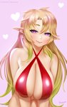 big_breasts blonde_hair breasts clothed clothing ear_piercing female green_hair hair heart_symbol huge_breasts humanoid_pointy_ears lips looking_at_viewer multicolored_hair not_furry piercing pink_lips pointy_ears purple_eyes red_clothing simple_background solo two_tone_hair easonx interspecies_reviewers elma_(interspecies_reviewers) elf humanoid mammal 5:8 hi_res signature