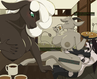 ambiguous_penetration anthro anthro_on_anthro anthro_penetrated anthro_penetrating anthro_penetrating_anthro areola beverage big_breasts bikini black_bikini black_bikini_top black_clothing black_hair black_legwear black_stockings black_swimwear blush bodily_fluids bouncing_breasts breasts brown_body brown_fur clothed clothing coffee coffee_cup container crossed_legs cup detailed_background dialogue dialogue_box eating_during_sex erect_nipples eyes_closed facial_hair female female_penetrated fingers food food_fetish food_play from_behind_position fur furniture goatee green_eyes group gynomorph gynomorph/female hair hand_on_breast hands_on_hips holding_food holding_fork holding_object hooved_fingers hooves horizontal_pupils horn inside intersex intersex/female lactating lactating_in_cup legwear lips long_hair looking_pleasured milk nipple_slip nipples nude nude_anthro nude_female obscured_penetration on_sofa open_mouth pastry penetration pie pupils sex sitting sitting_on_sofa size_difference small_dom_big_sub smile sofa stockings swimwear tan_body tan_fur text torn_clothing torn_legwear torn_stockings trio two-piece_swimsuit white_hair thehuskylord auri_(thehuskylord) chalzi_(thehuskylord) loess_(thehuskylord) bovid caprine goat mammal sheep absurd_res digital_media_(artwork) english_text hi_res trans_(lore) trans_woman_(lore)