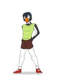3:4 anthro avian bird bottomwear clothed clothing eddy_(eddy_bird32) eyewear footwear full-length_portrait fully_clothed fuze gentoo_penguin glasses hi_res male penguin portrait shirt shoes shorts simple_background socks solo tank_top tongue tongue_out topwear triforce_clothing white_background
