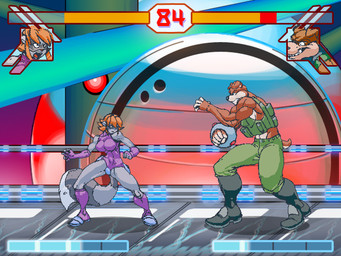 angry anthro battle black_eyes boots bottomwear breasts brown_body brown_fur clothed clothing detailed_background duo female fluffy fluffy_tail footwear fur gameplay_mechanics grey_body grey_fur grin gui hair health_bar male muscular muscular_male open_mouth orange_hair pants partially_clothed shoes smile tail teeth tongue zillford altruistic_complex ayame_(zillford) vadim_(zillford) canid canine canis domestic_dog mammal procyonid raccoon 2010 4:3 digital_media_(artwork) pixel_(artwork)