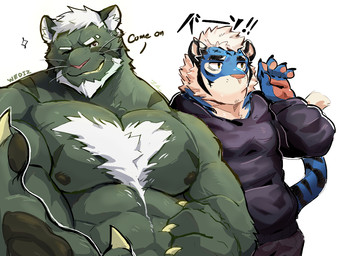 anthro barazoku body_hair chest_hair clothing duo extending_hand hoodie looking_at_viewer male muscular muscular_anthro muscular_male nipples one_eye_closed simple_background smile text topwear white_background wink winking_at_viewer sollyz wediz_(sollyz) felid mammal pantherine tiger 2019 english_text japanese_text signature