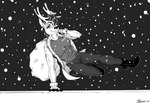 anthro antlers bottomwear clothed clothing coat female footwear holding_sack holidays horn jumping looking_at_viewer mouth_closed pants sack shirt shoes smile smiling_at_viewer snow snowing solo topwear marcushunter christmas agent_vixen deer mammal new_world_deer reindeer 2020 monochrome signature